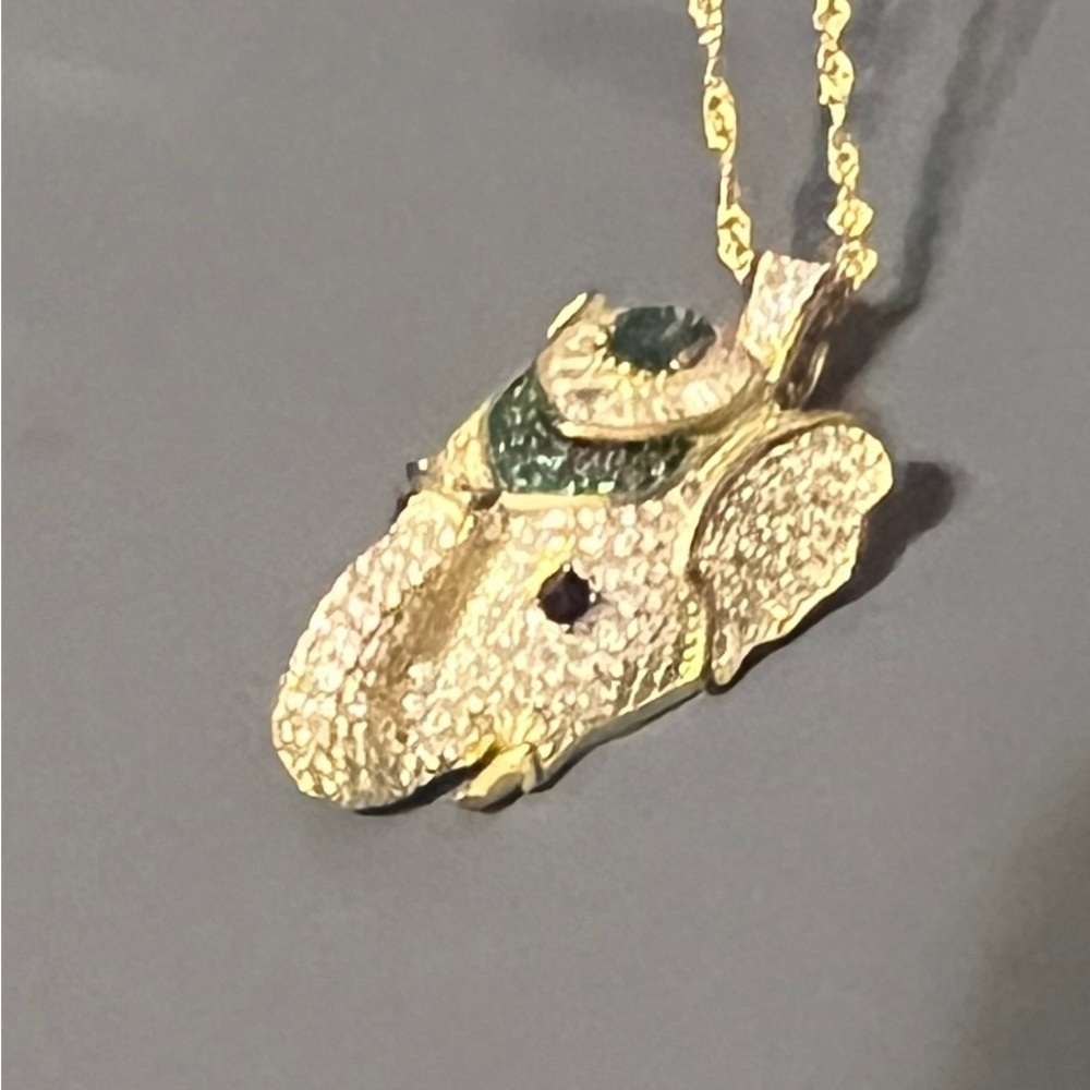 Gold Elephant Head Pendant Necklace with Green Accent